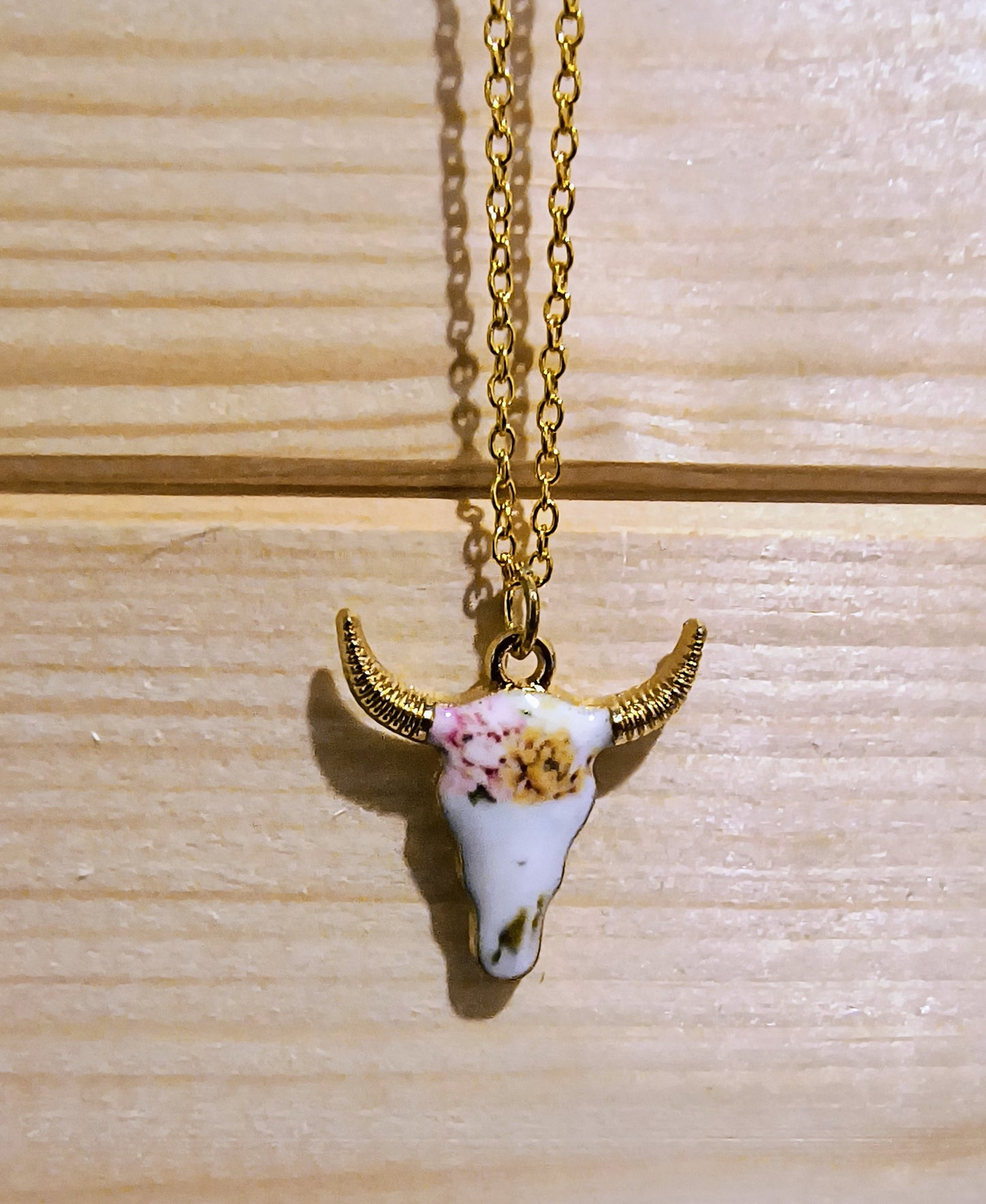 Pink & Gold Floral Cow Skull Jewelry