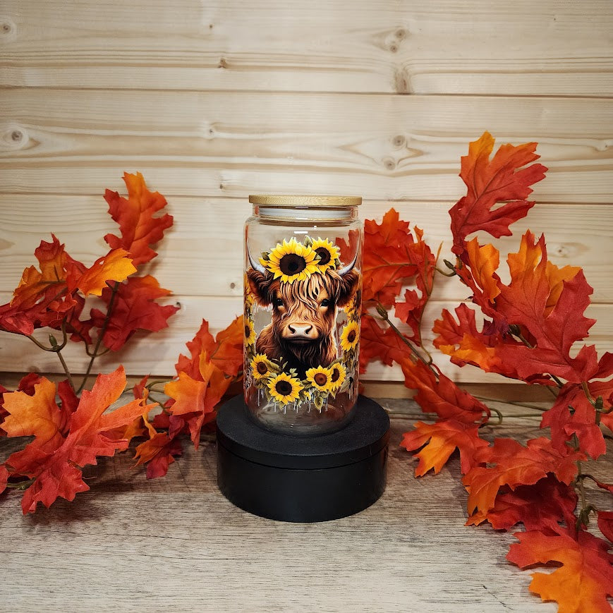 Sunflower Highland Cow Glass Cup