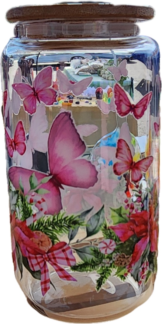 Pink Christmas Butterfly Glass Cup