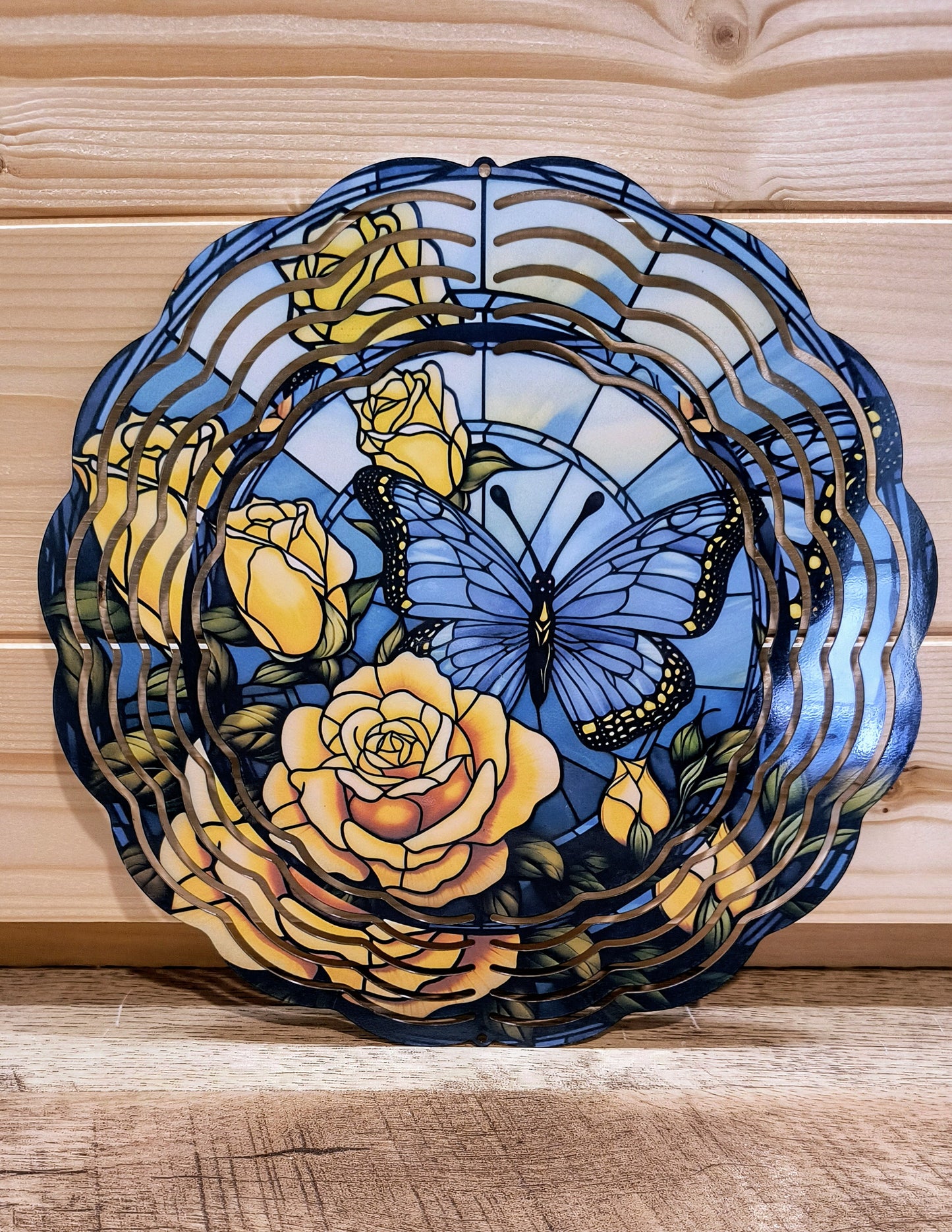 Butterfly and Roses Stained Glass Wind Spinner