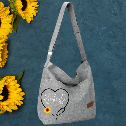 Sunflower Stethoscope Personalized Grey Canvas Tote