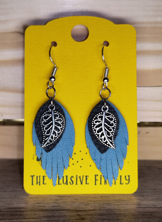 Silver Leaf Teal and Black Earrings