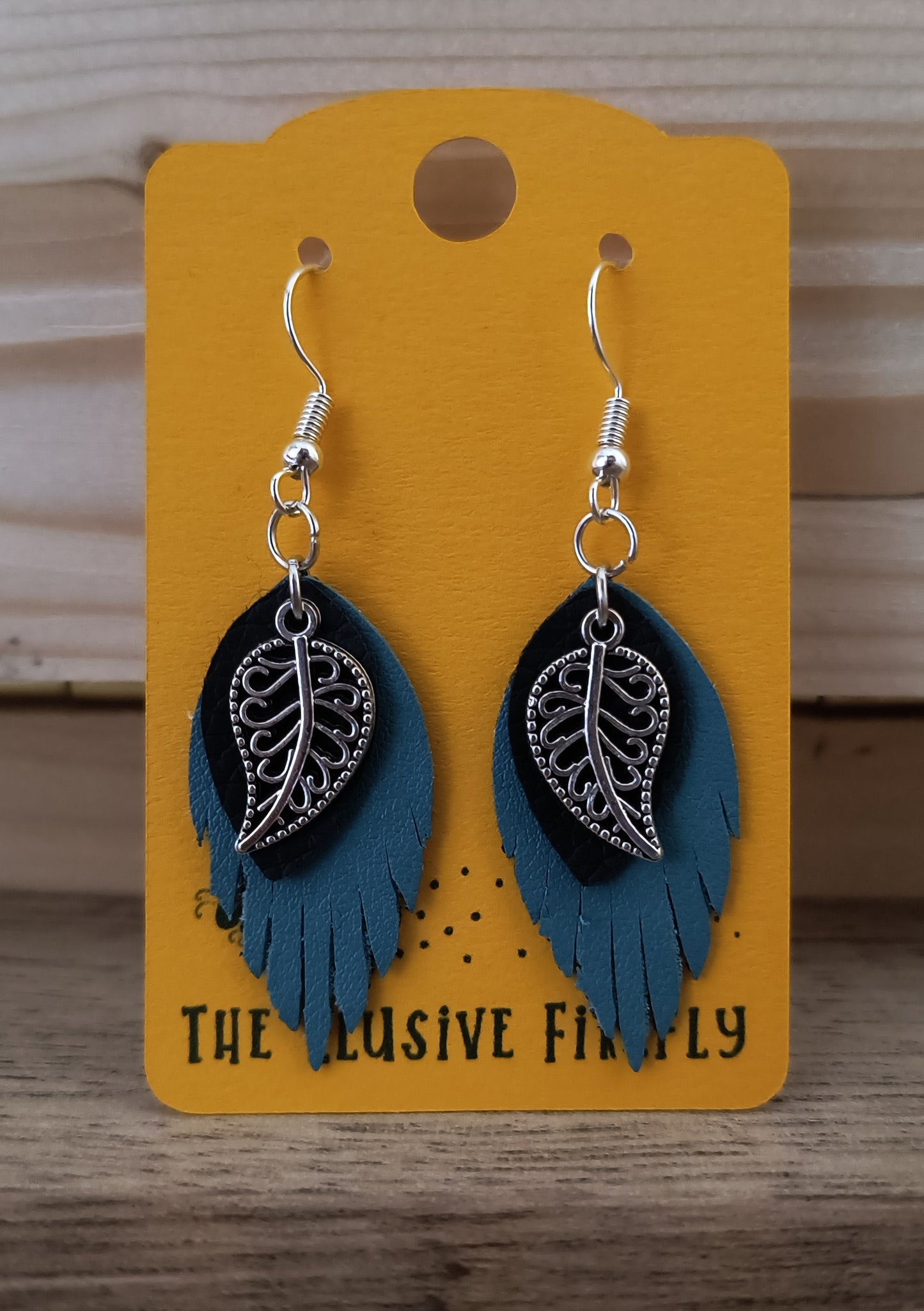 Silver Leaf Teal and Black Earrings