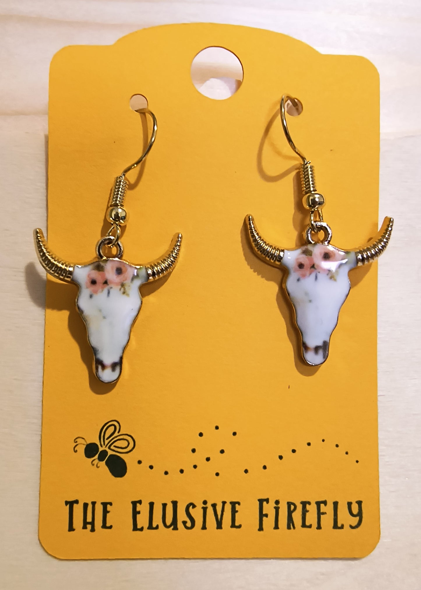 Peach Floral Cow Skull Jewelry