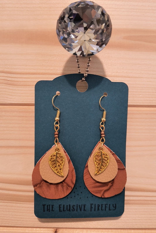 Gold Leaf Embossed Tan Faux Leather Earrings