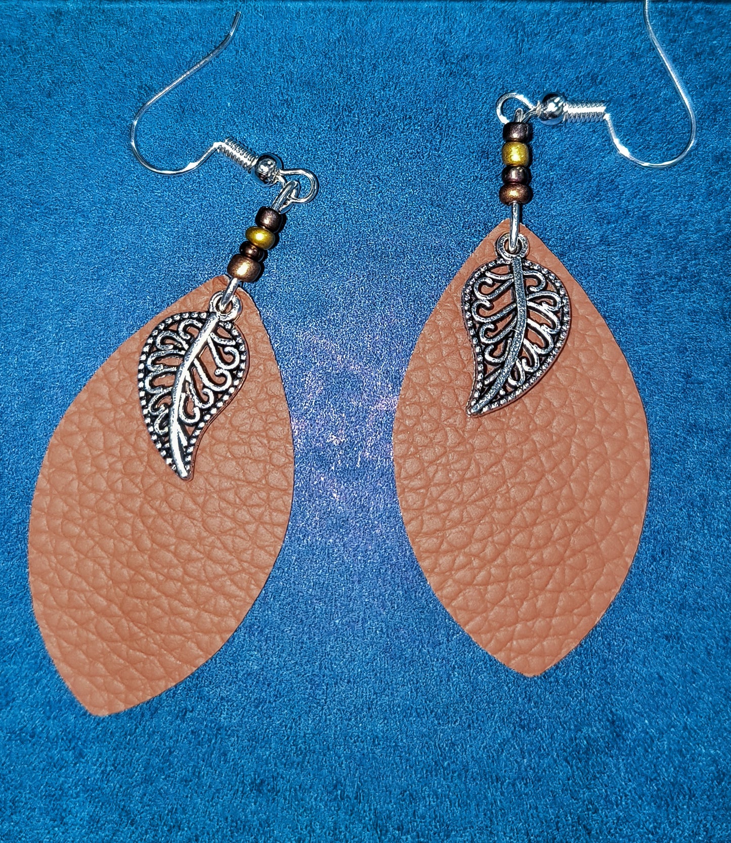 Silver Leaf Tan Faux Leather Earrings