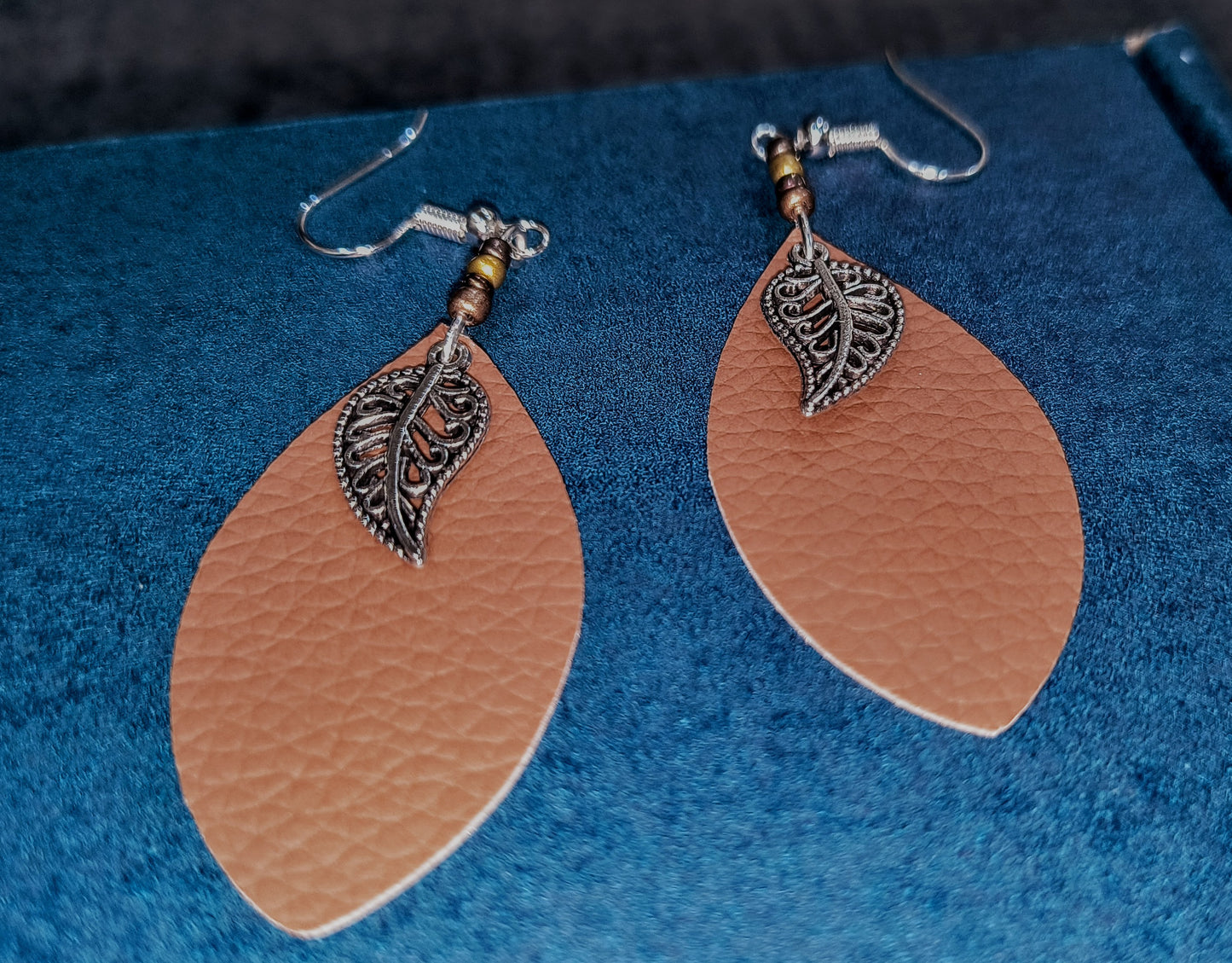 Silver Leaf Tan Faux Leather Earrings